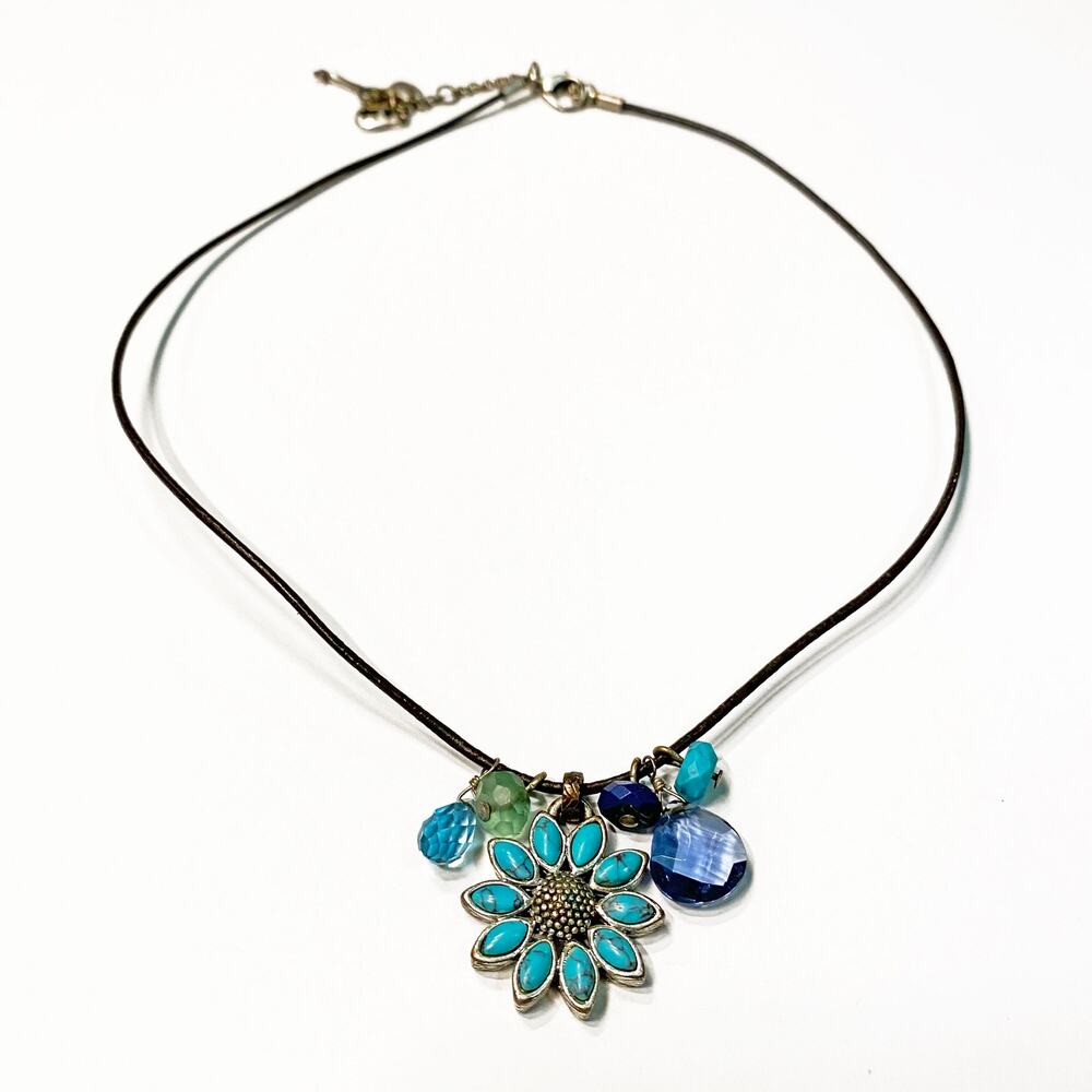 Fossil Boho Turquoise Daisy Flower Pendant with Bead Charms on Leather Cord